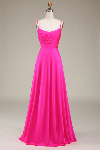 Hot Pink Spaghetti stropper A-line Prom kjole med plissert