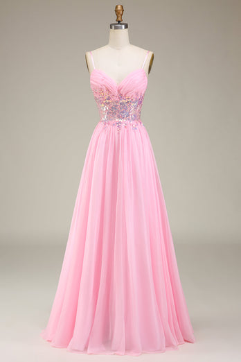 Rosa korsett Spaghetti stropper A-line Prom kjole med plissert