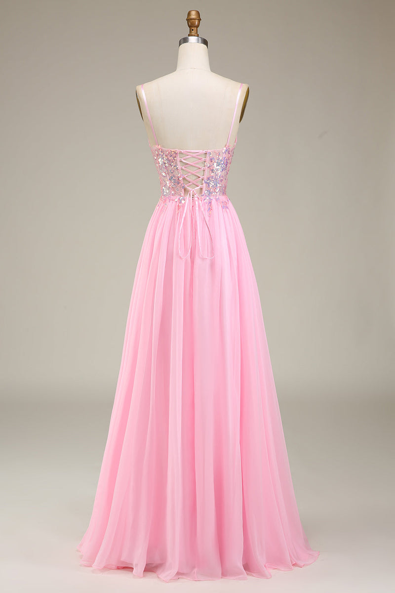 Load image into Gallery viewer, Rosa korsett Spaghetti stropper A-line Prom kjole med plissert