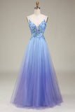 Spakly Blue Tylle Prom Kjole med Appliques