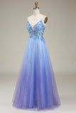 Spakly Blue Tylle Prom Kjole med Appliques