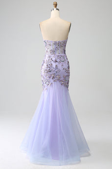 Havfrue stroppeløs lavendel korsett Prom kjole med perler