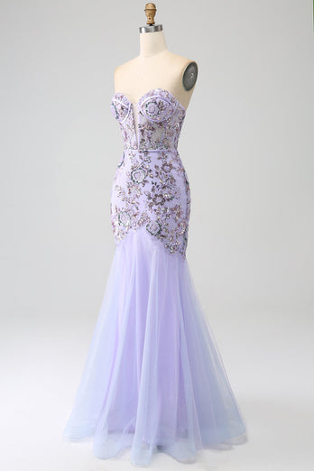 Havfrue stroppeløs lavendel korsett Prom kjole med perler