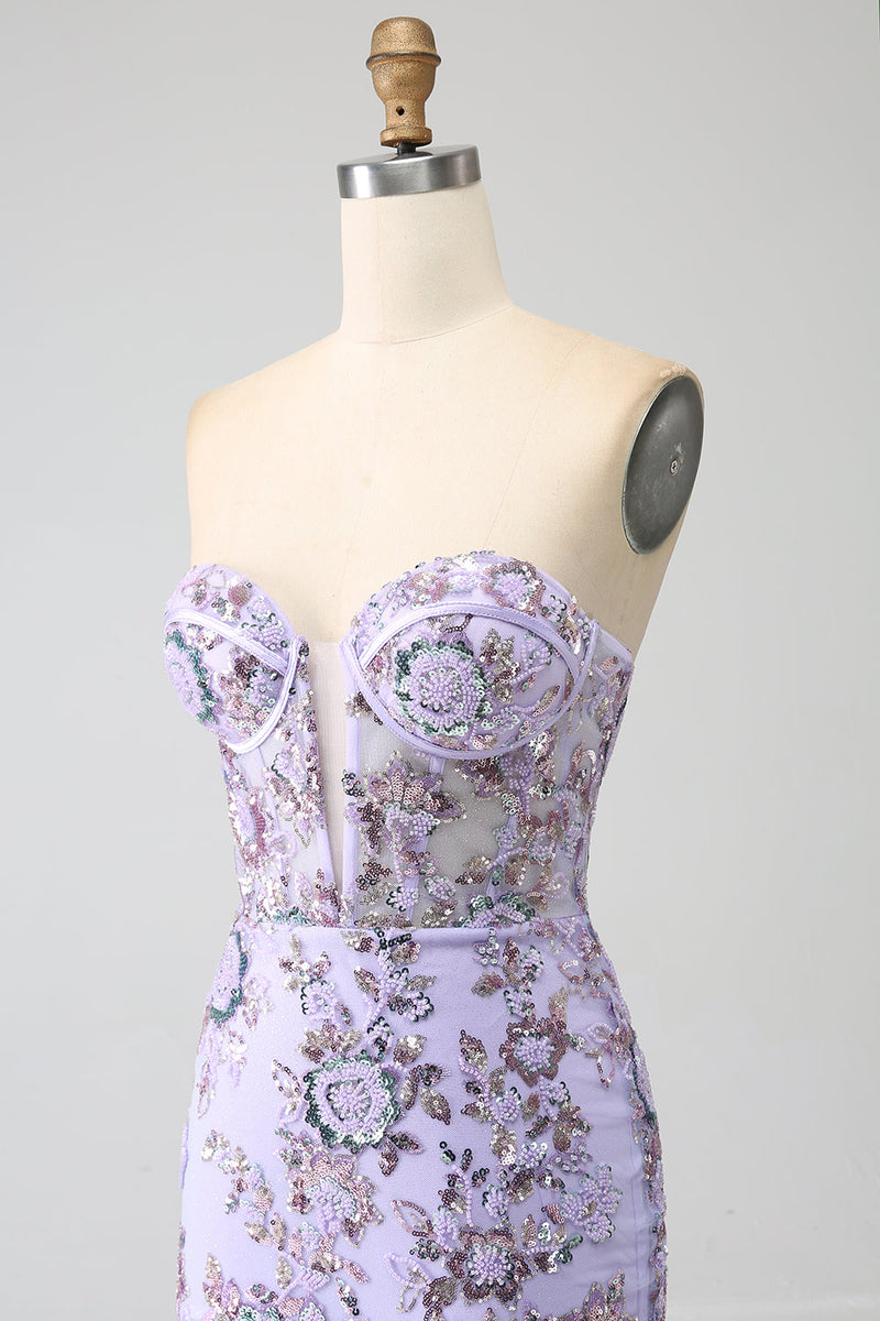 Load image into Gallery viewer, Havfrue stroppeløs lavendel korsett Prom kjole med perler
