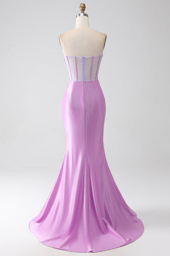 Lilac Mermaid stroppeløs korsett Prom kjole med spalt
