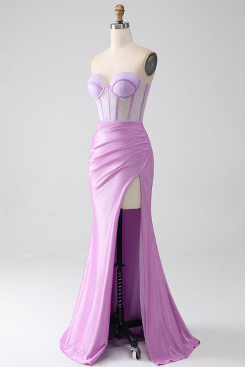 Lilac Mermaid stroppeløs korsett Prom kjole med spalt