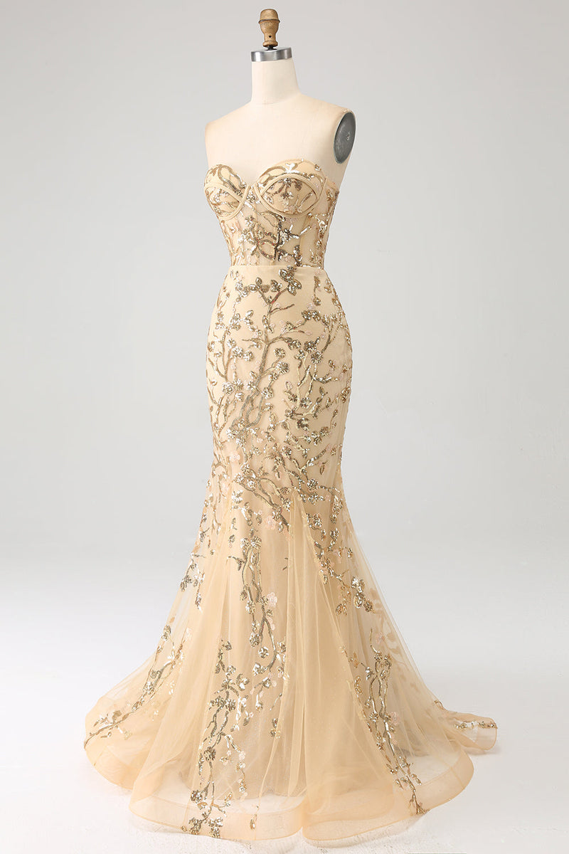 Load image into Gallery viewer, Havfrue Champagne glitrende korsett Prom kjole