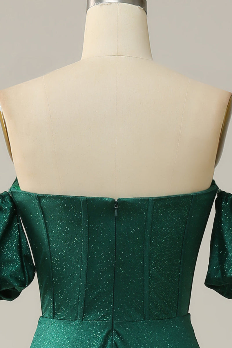 Load image into Gallery viewer, En linje av skulderen mørkegrønn lang ballkjole