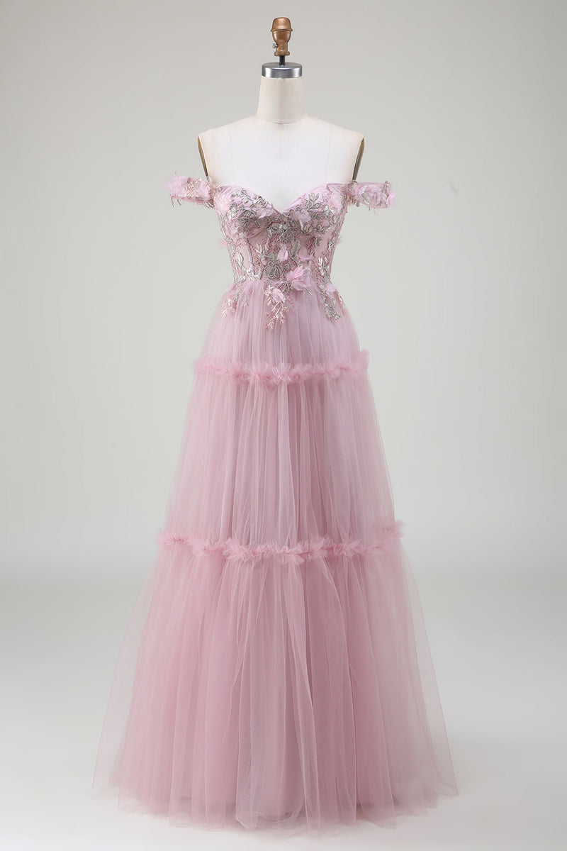 Load image into Gallery viewer, Av Shoulder Tylle Pink Prom kjole med Appliques