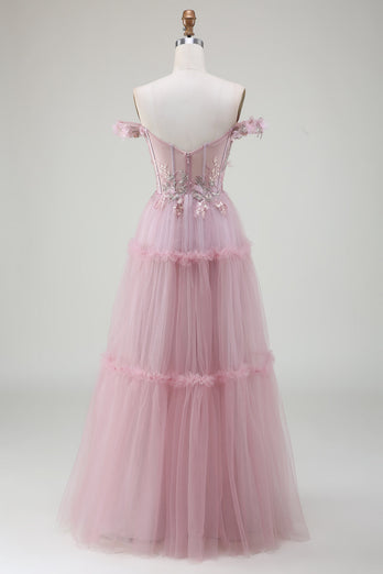 Av Shoulder Tylle Pink Prom kjole med Appliques