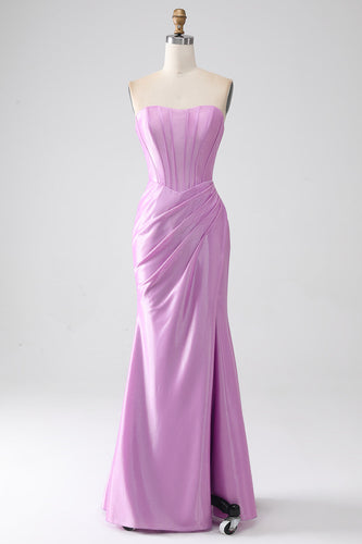 Stroppeløs lilla havfrue korsett Prom kjole med plissert
