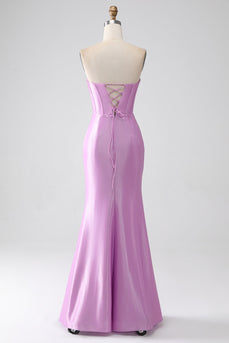 Stroppeløs lilla havfrue korsett Prom kjole med plissert