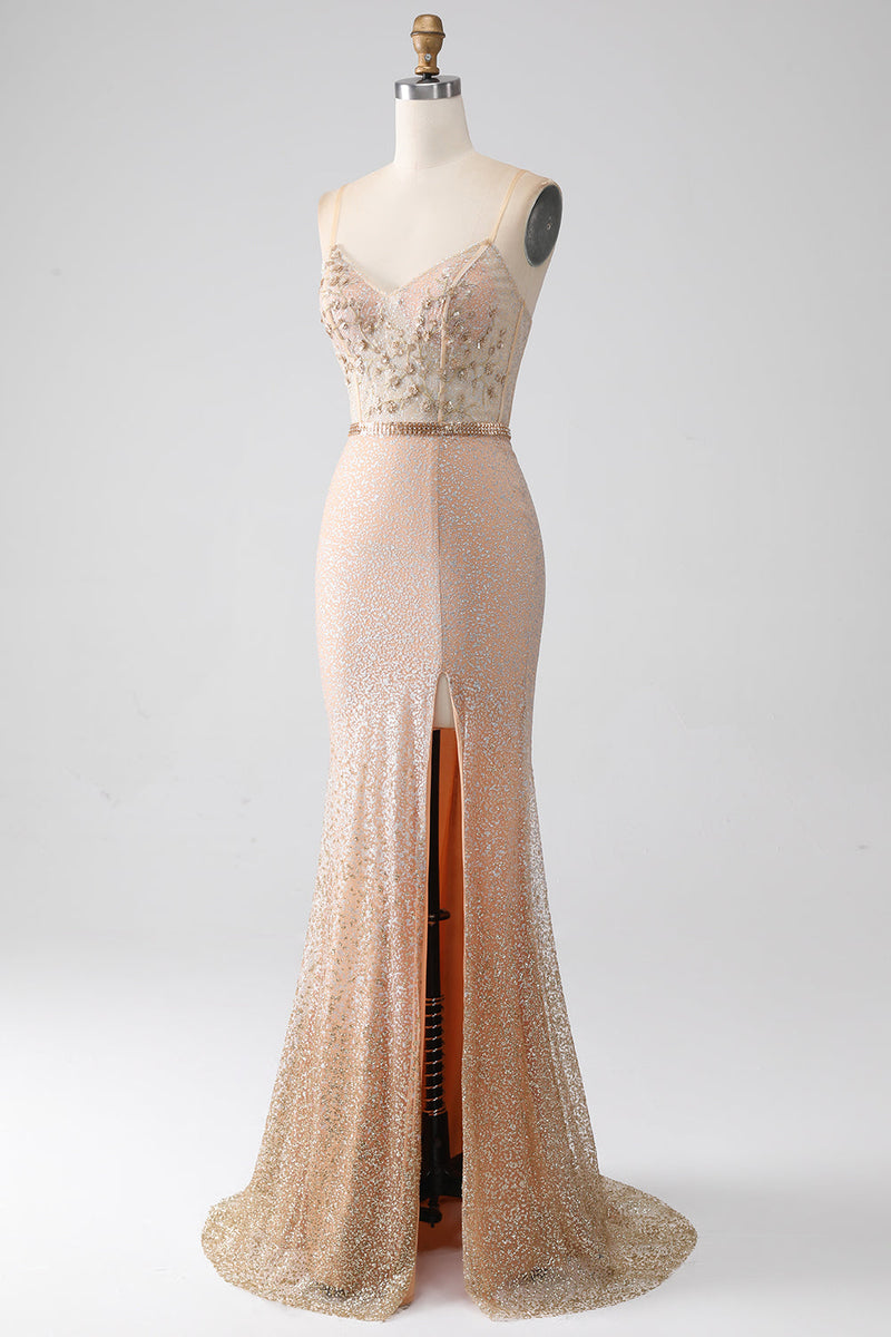 Load image into Gallery viewer, Havfrue Champagne Spaghetti stropper Long Prom Kjole med Slit