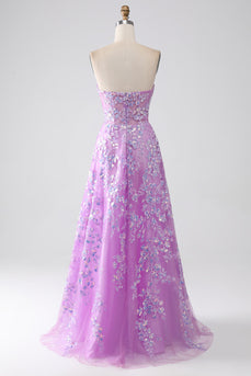 Lilla A-Line stroppeløs korsett Prom kjole med applikasjoner