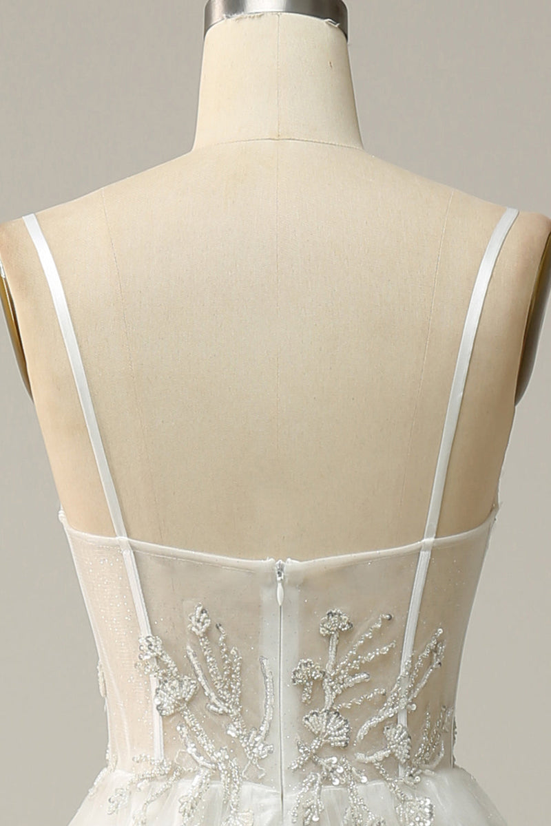 Load image into Gallery viewer, A Line Spaghetti stropper hvit lang brudekjole med applikasjoner