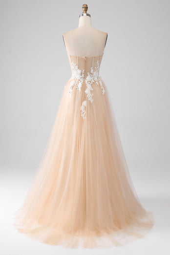 A-Line Champagne stroppeløs korsett Prom kjole med Appliques