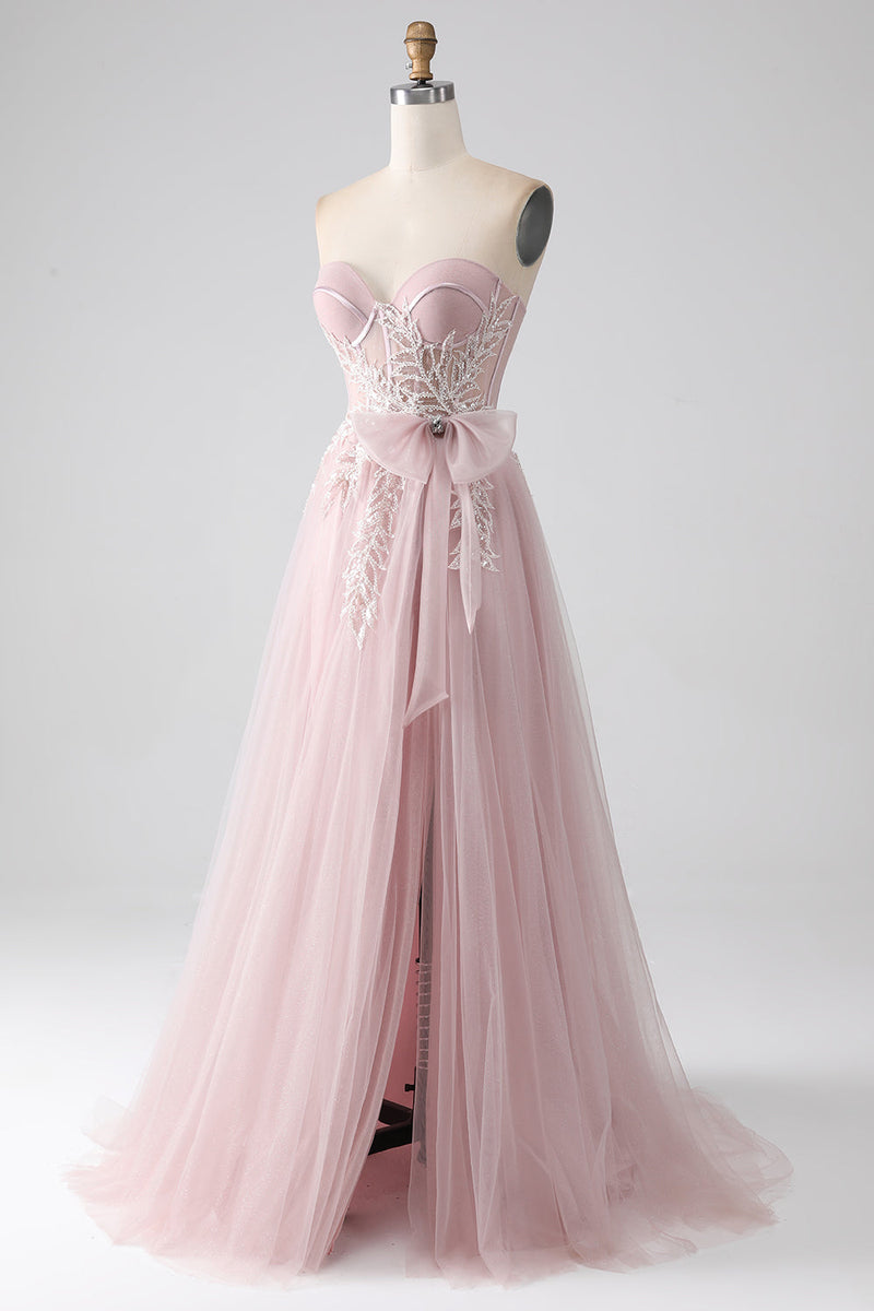 Load image into Gallery viewer, Sparkly A Line stroppeløs Tylle Prom kjole med sløyfe