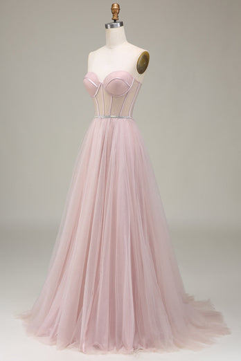 Tylle Sweetheart Light Pink Prom kjole med korsett