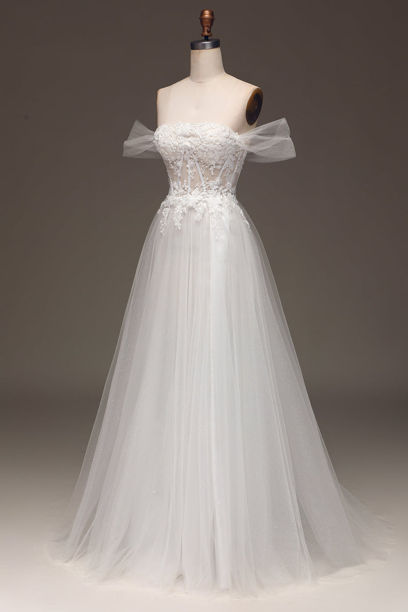 Load image into Gallery viewer, Hvit av skulderen En linje korsett Prom kjole med Appliques