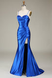 Royal Blue Spaghetti stropper havfrue lang ballkjole med spalt