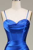 Royal Blue Spaghetti stropper havfrue lang ballkjole med spalt