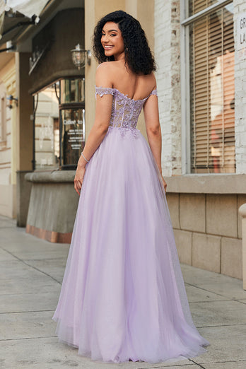 Nydelig en linje av skulderen lilla korsett Prom kjole med applikasjoner