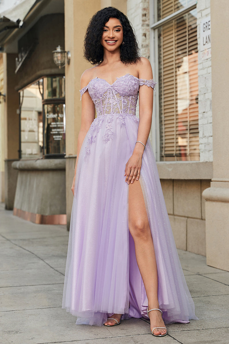 Load image into Gallery viewer, Nydelig en linje av skulderen lilla korsett Prom kjole med applikasjoner