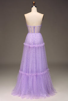 Tyllstroppeløs lilla korsett Prom kjole