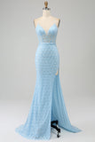 Glitter Sky Blue Spaghetti stropper Mermaid Prom Kjole med Slit