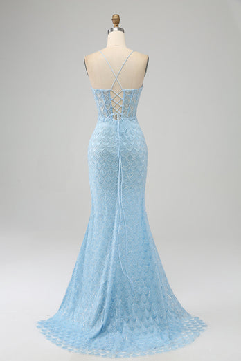 Glitter Sky Blue Spaghetti stropper Mermaid Prom Kjole med Slit