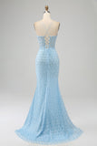 Glitter Sky Blue Spaghetti stropper Mermaid Prom Kjole med Slit