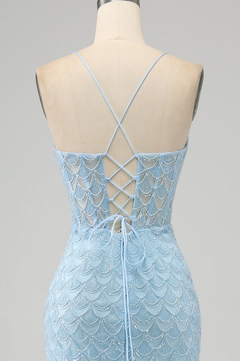 Glitter Sky Blue Spaghetti stropper Mermaid Prom Kjole med Slit