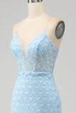 Glitter Sky Blue Spaghetti stropper Mermaid Prom Kjole med Slit