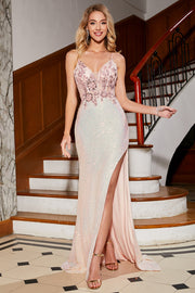 Beaded Mermaid Glitter Pink Prom Dress med Slit