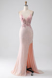 Glitter Pink Beaded Mermaid Prom kjole med Slit