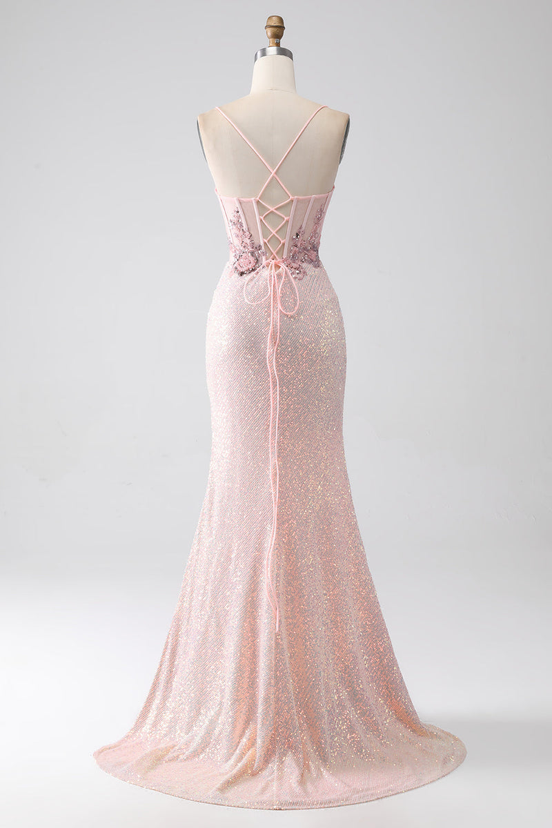 Load image into Gallery viewer, Glitter Pink Beaded Mermaid Prom kjole med Slit