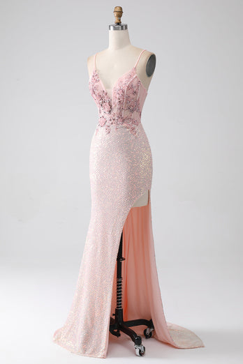 Glitter Pink Beaded Mermaid Prom kjole med Slit