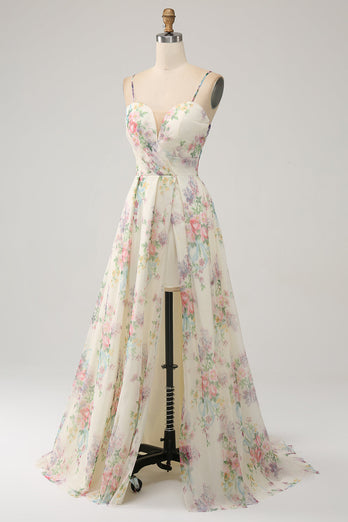 A-Line Flower Trykt Ivory Prom Dress med Slit