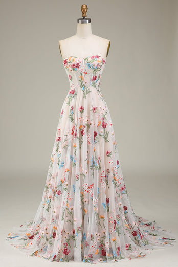 A-Line Sweetheart Long Corset Prom kjole med blomst