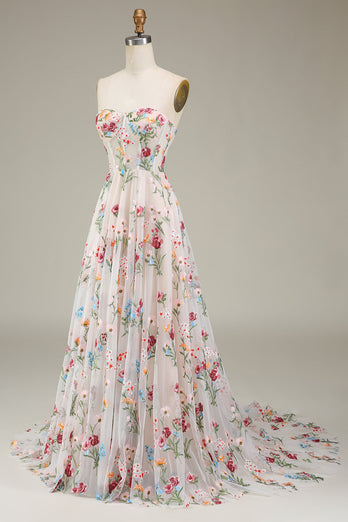 A-Line Sweetheart Long Corset Prom kjole med blomst