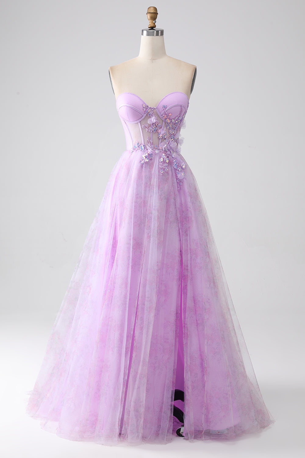 Lavendel trykt stroppeløs korsett Prom kjole med perler
