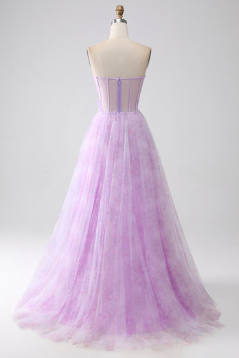 Lavendel trykt stroppeløs korsett Prom kjole med perler
