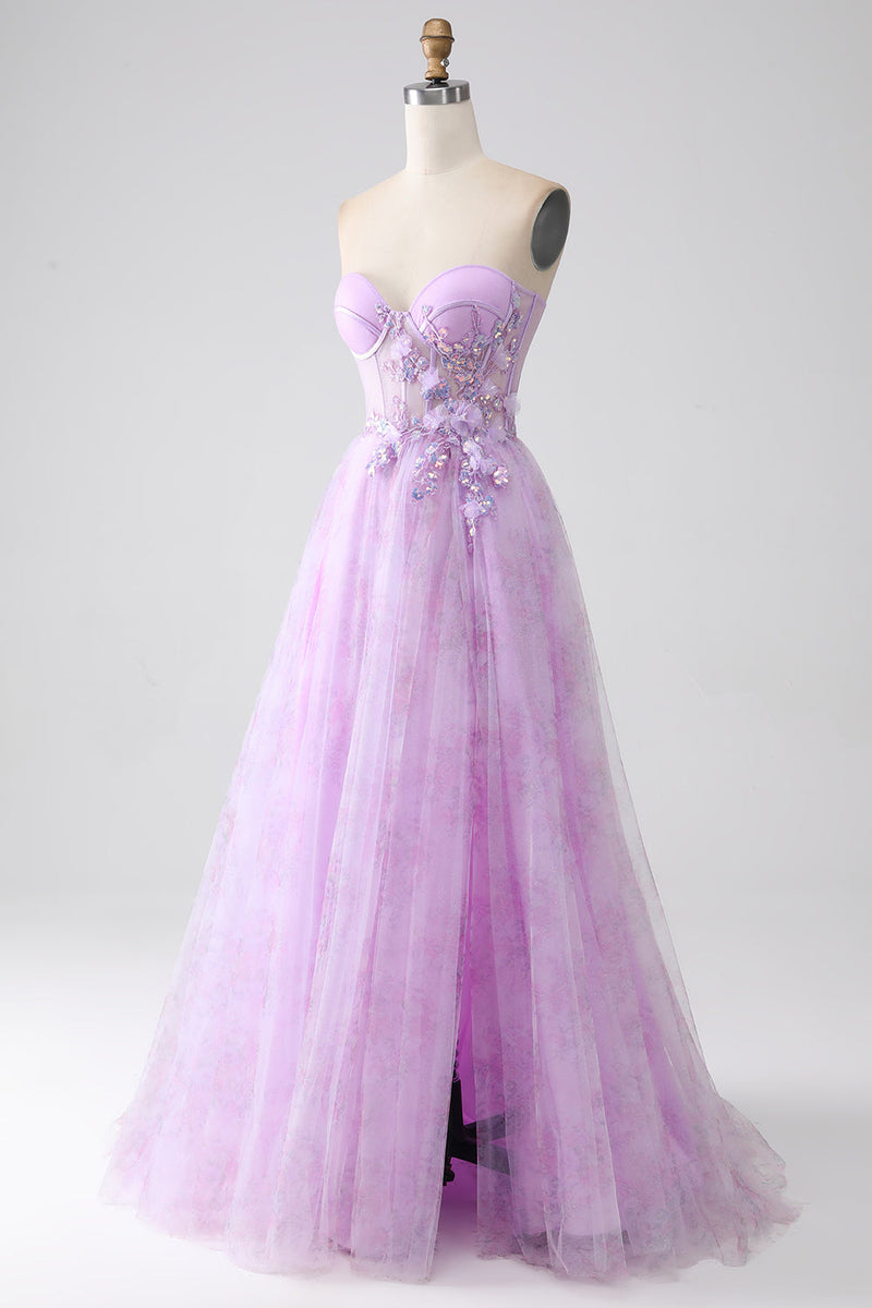 Load image into Gallery viewer, Lavendel trykt stroppeløs korsett Prom kjole med perler