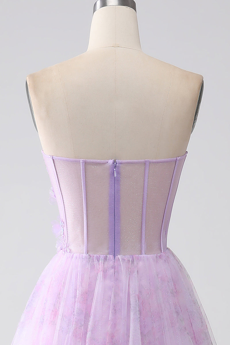 Load image into Gallery viewer, Lavendel trykt stroppeløs korsett Prom kjole med perler