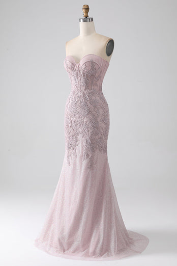 Sparkly stroppeløs havfrue korsett Prom kjole med Appliques