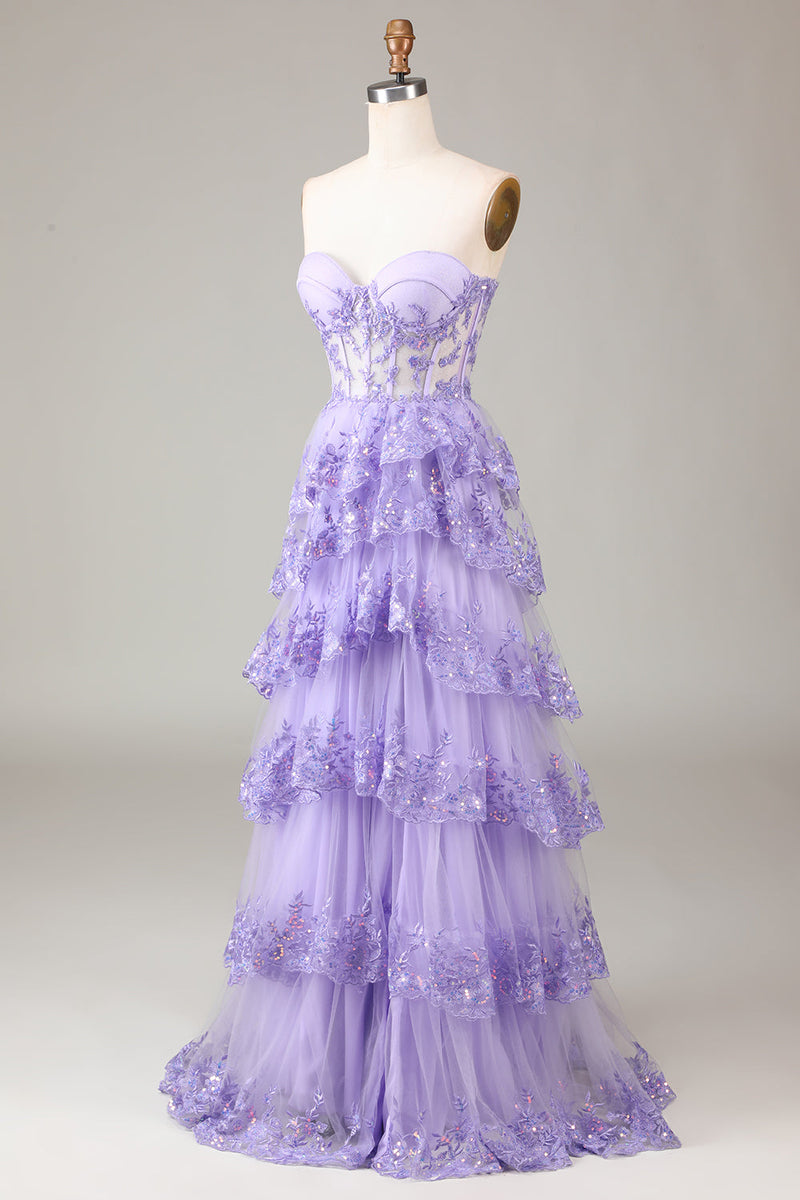 Load image into Gallery viewer, Lavendel stroppeløs lagdelt tyll korsett Prom kjole med applikasjoner