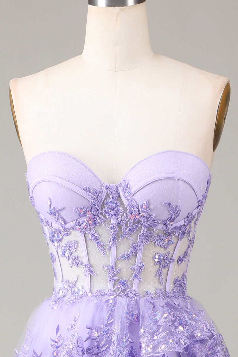 Load image into Gallery viewer, Lavendel stroppeløs lagdelt tyll korsett Prom kjole med applikasjoner