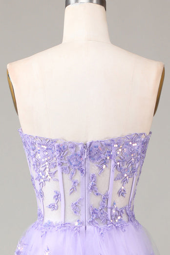 Lavendel stroppeløs lagdelt tyll korsett Prom kjole med applikasjoner