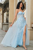 Sjarmerende A Line Sweetheart Blue Corset Prom kjole med Beading Slit