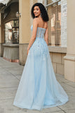 Sjarmerende A Line Sweetheart Blue Corset Prom kjole med Beading Slit